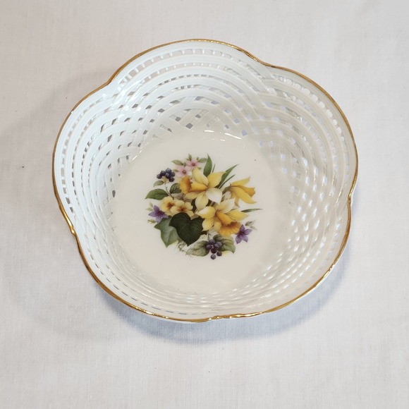 Other - Hand Painted Romanian Porcelain Lace Basket Bowl Gold Trim 4.75" Diameter